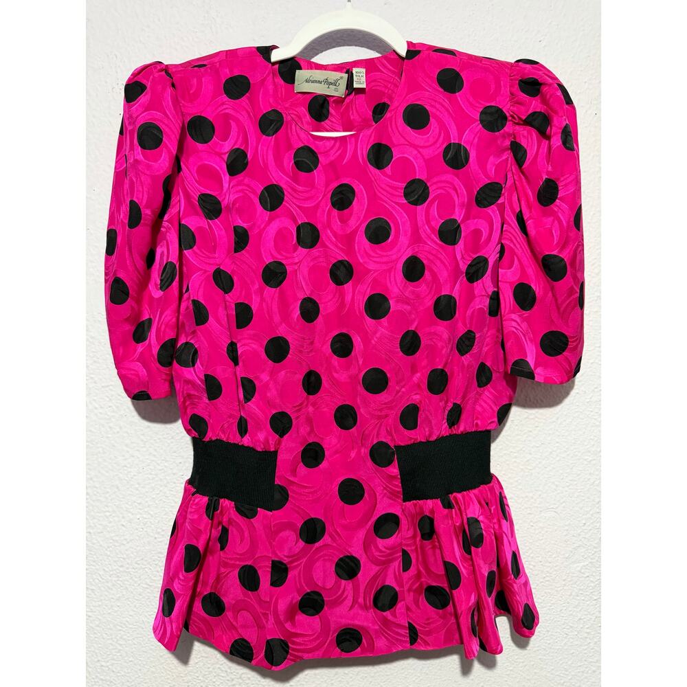 VTG Adrianna Papell Top 100% Silk Fuchsia Pink Polka Dot Puff Sleeve Peplum 12
